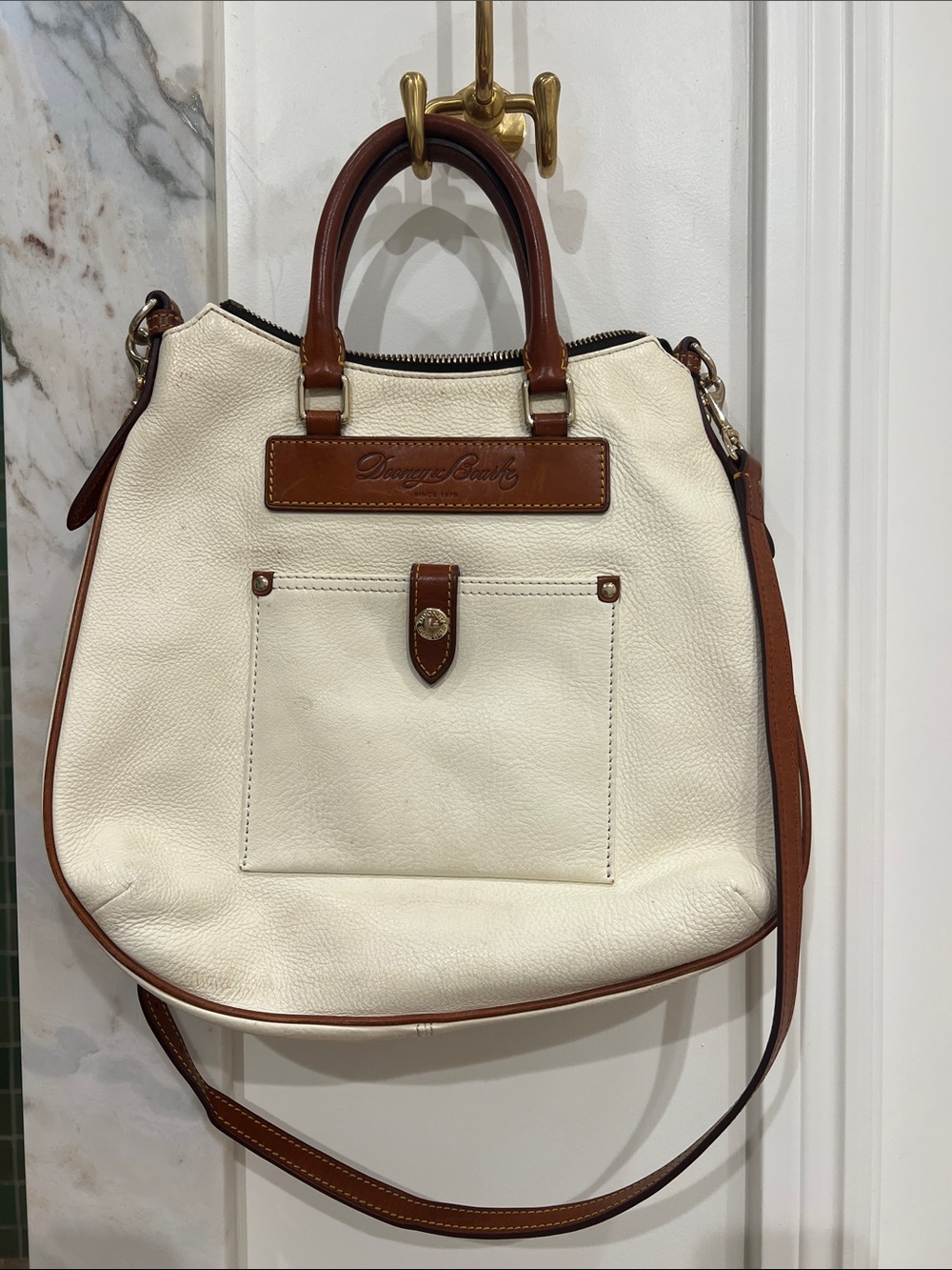 Dooney & Bourke Cream Leather Shoulder Bag with Brown Trim